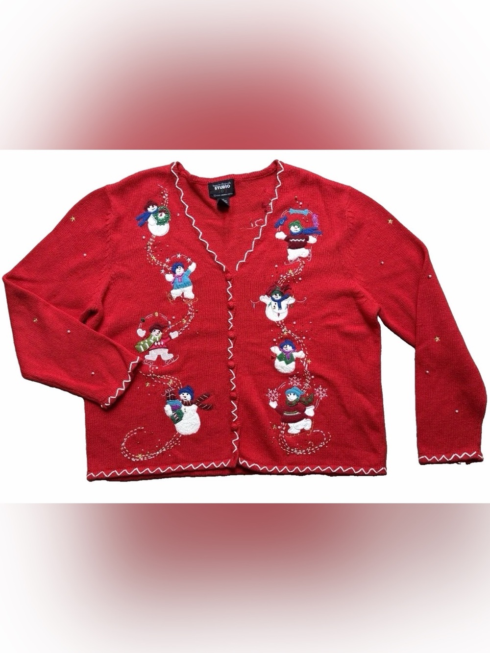 Studio Joy Christmas Sweater Women XL Red Snowman Beaded Embroidered Holiday